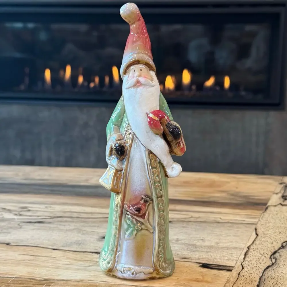 Old World Style Glazed Ceramic Santa Claus Figurine Cardinal Bird Green Robe 8